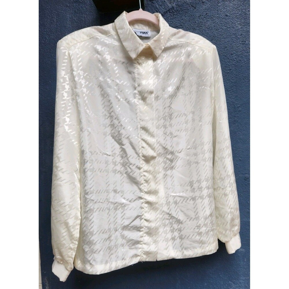 Vintage 1970s 70s 80s Plus ILGWU Made In USA rrrrruss Ivory Houndstooth Blouse